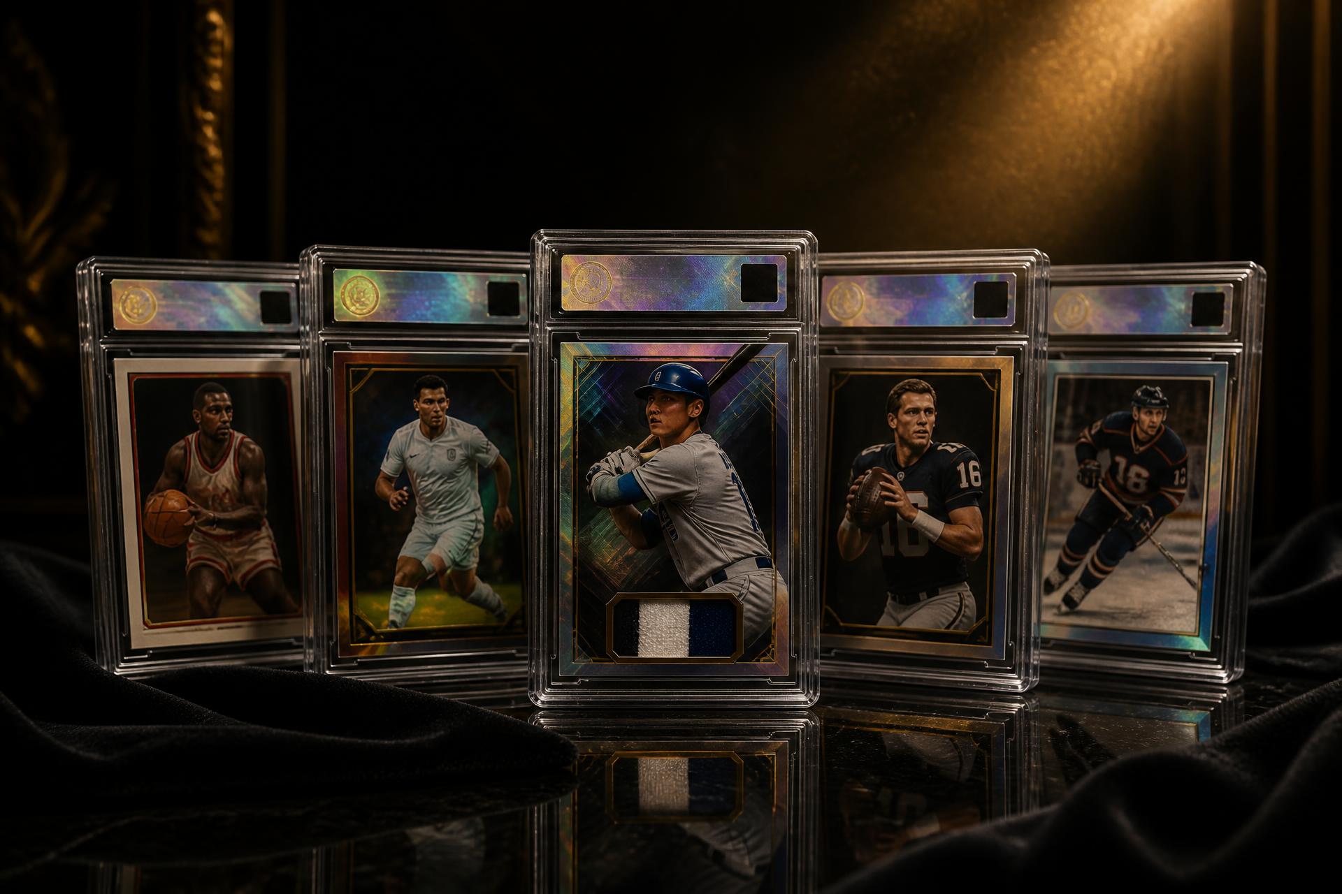 A curated fan of premium graded sports cards under dramatic gold lighting