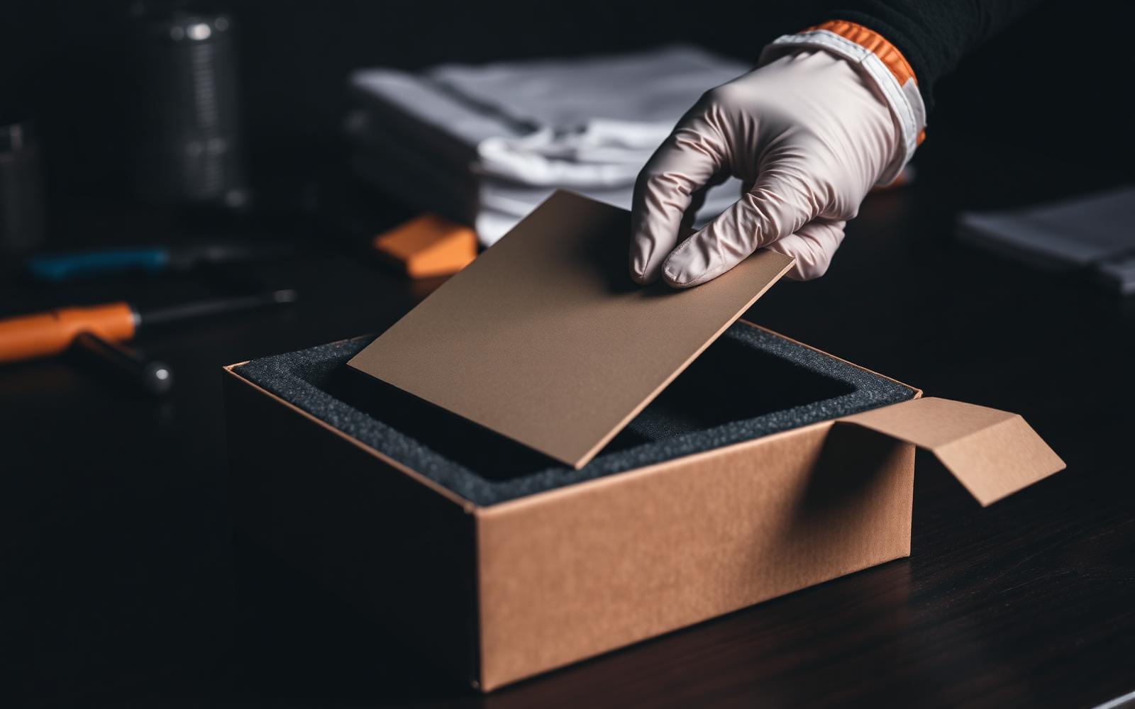 Gloved hands placing a card into a foam-lined shipping box.