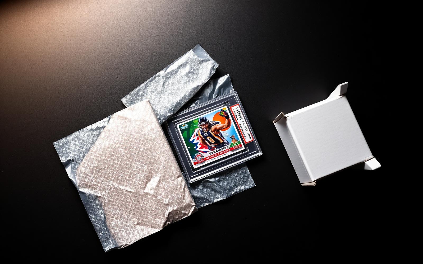 A graded card slab on a dark workbench, surrounded by bubble wrap, a rigid cardboard sandwich, and an open shipping box.